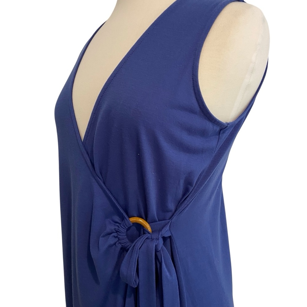 Simon Chang wrap dress V neckline blue jersey sleeveless round button medium